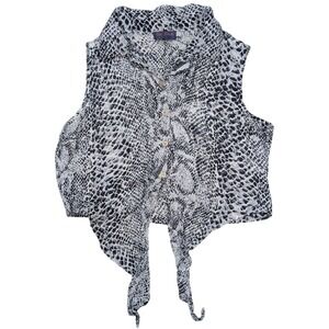 Vintage Womens Med Hot House White Black Snakeskin Prints Button-up Crop Tie Top